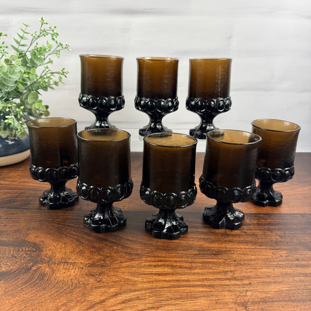 Tiffin Madeira Brown Goblets Smoky Amber Footed Wine Glasses Vintage Set of 8